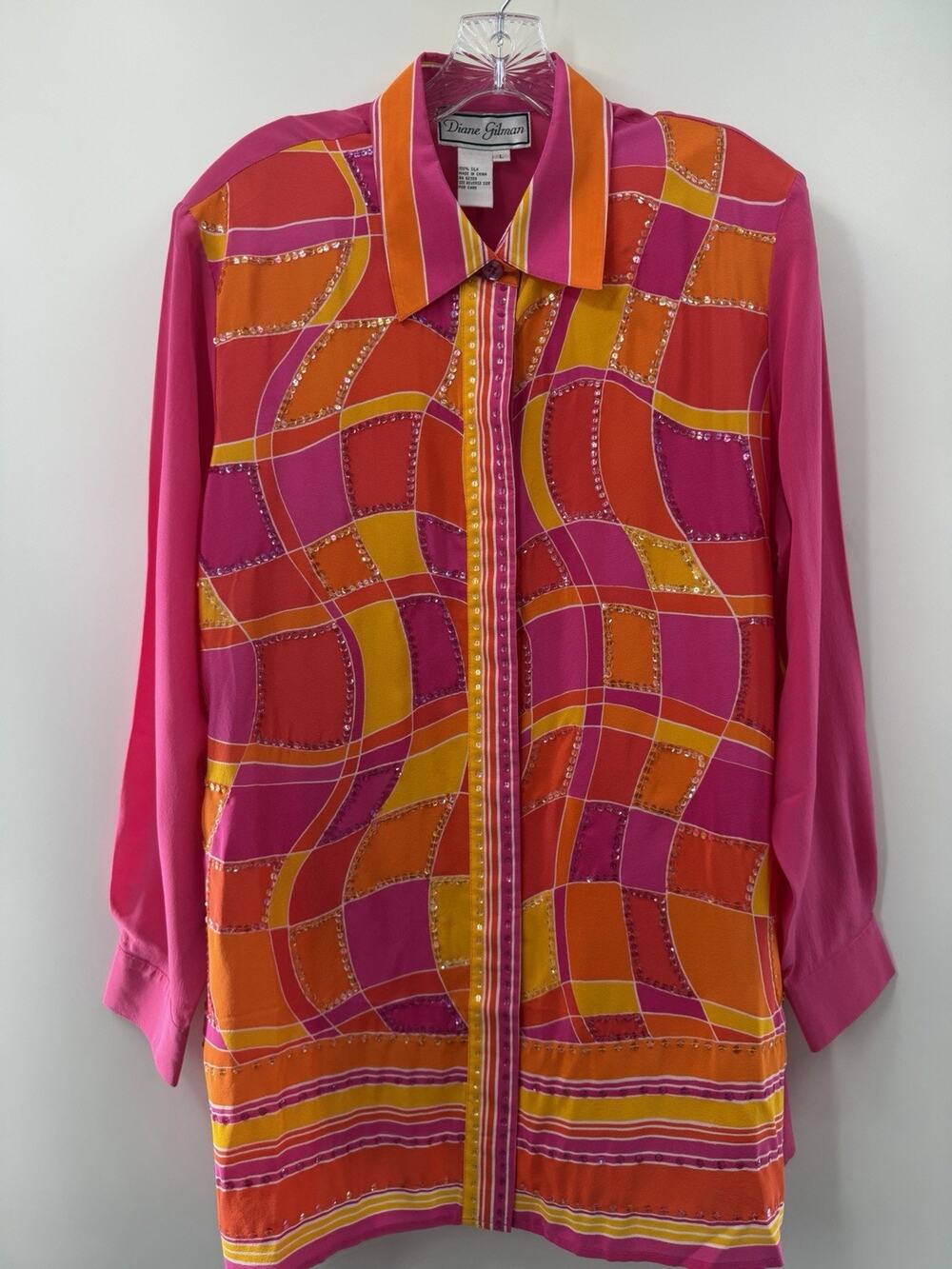 Diane Gilman Hidden Button Front Long Sleeve 100% Silk Blouse Sequin Large NWOT